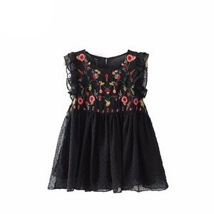 Black Heavy Embroidery Ruffle Chiffon Top